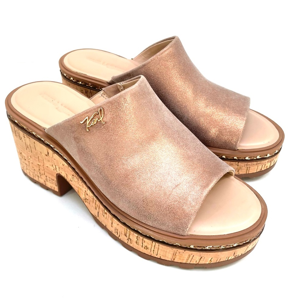 Karl Lagerfeld Metallic Latte Rose Gold Paris Clarina Platform Wedges EUC